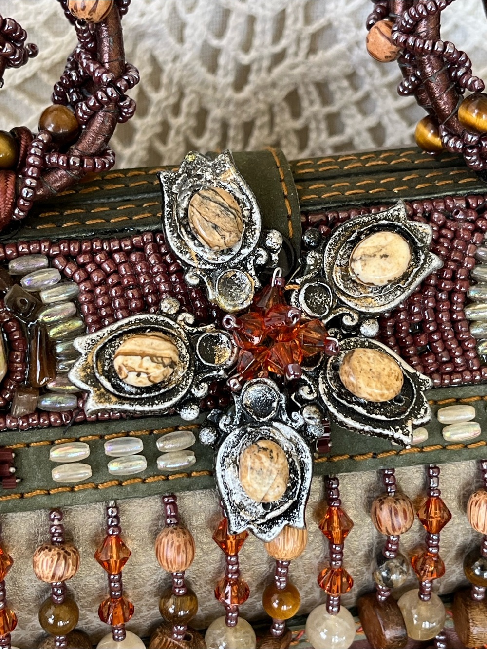 Mary Frances Beaded Vintage Beaded Fringe Hand Bag in Brown, Olive & Copper NWOT - Picture 7 of 9